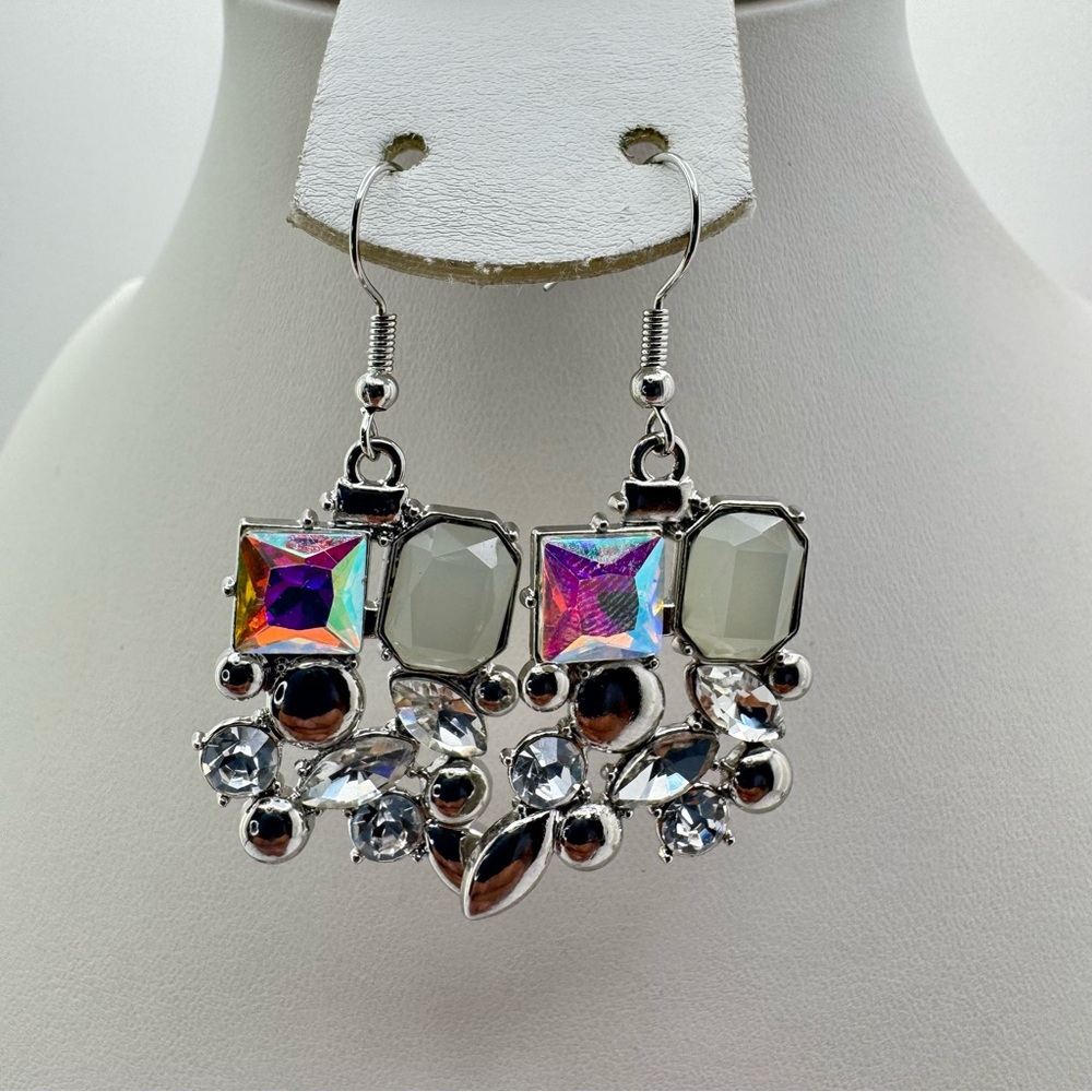 New Silver Tone AB Crystal Rhinestone Dangle Statement Earrings Glam Sparkly